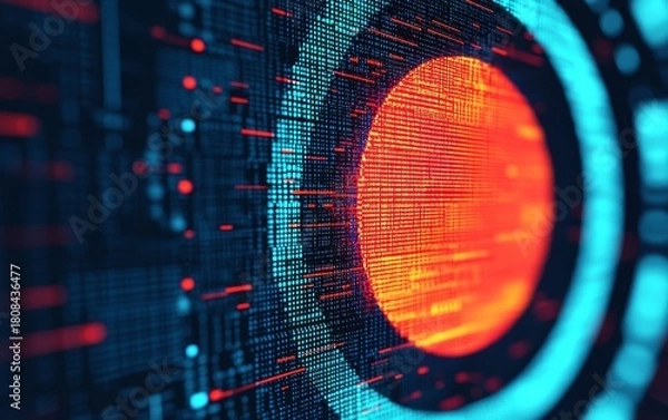 Fototapeta A glowing red digital sphere is surrounded by concentric rings of blue and red data streams on a dark futuristic virtual interface.