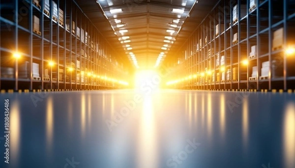 Fototapeta A wide-angle view of an empty warehouse aisle with metal shelving and bright light shining at the far end.