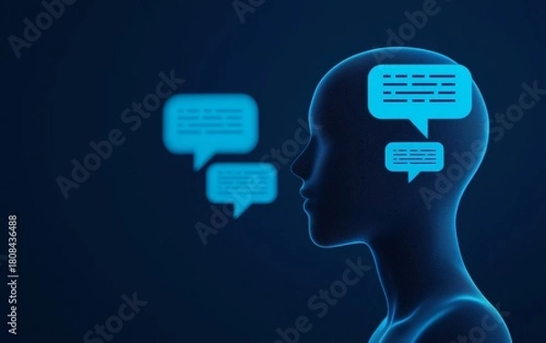 Fototapeta Digital wireframe humanoid head with blue chat bubbles representing AI communication and interaction on a dark background.