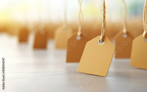Fototapeta Blank brown paper tags hanging by strings on a white surface with soft sunlight in the background.