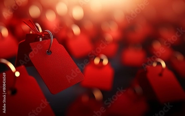 Fototapeta A close-up view of a group of red price tags, with one prominent tag in sharp focus against a blurred background of similar tags.