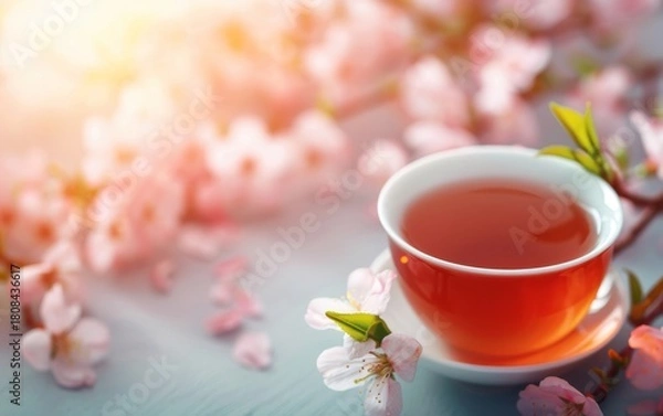 Fototapeta A serene cup of tea surrounded by delicate pink cherry blossoms in soft natural light, evoking calm and relaxation.