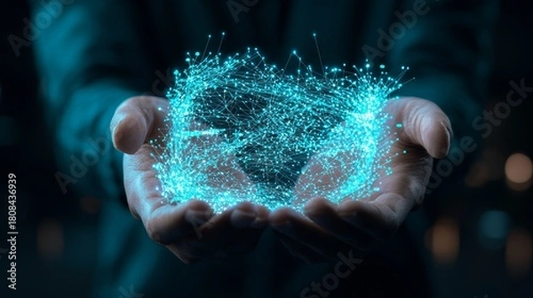 Fototapeta A person holds a glowing, interconnected digital network hologram representing data, technology, and futuristic innovation in their cupped hands.