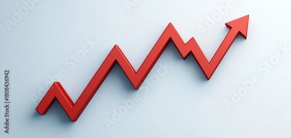 Fototapeta A red zigzag arrow graph symbolizing growth or upward trend on a light background.