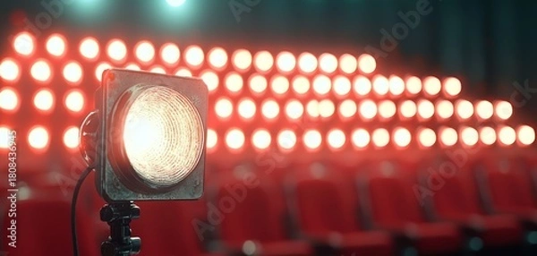 Fototapeta A bright spotlight illuminates the stage area with rows of red theater seats blurred in the background, creating a dramatic ambiance.
