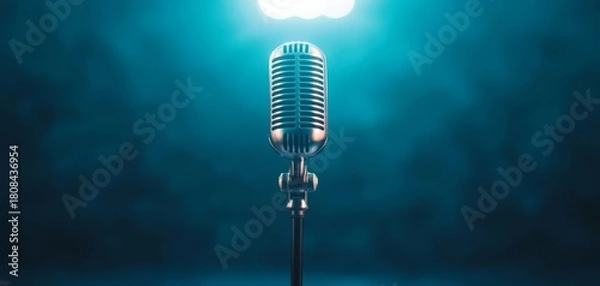 Fototapeta Vintage microphone on a stand illuminated by blue stage lights, set against a blurred smoky background.