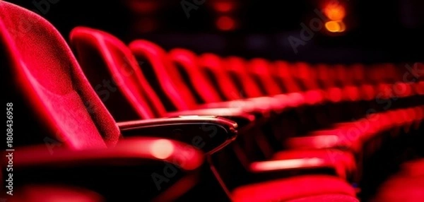 Fototapeta Red theater seats arranged in rows, illuminated by warm lighting, creating an inviting atmosphere for an audience.