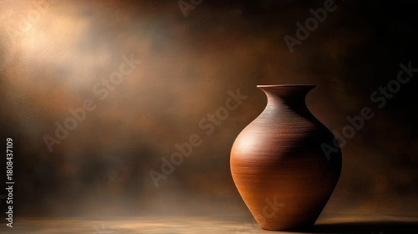 Fototapeta A rustic clay pot sits on a wooden surface against a textured, warm-toned background, highlighting its natural craftsmanship and earthy aesthetic.