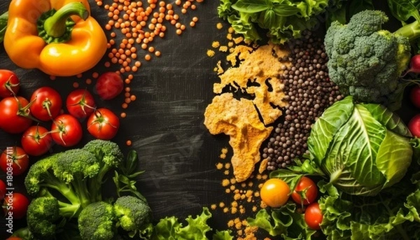 Fototapeta A creative map of Africa made with spices and surrounded by fresh vegetables on a dark wooden surface.