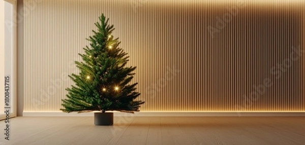 Fototapeta Minimalist Christmas tree decorated with subtle lights, standing in a modern room with wooden floor and textured wall background.