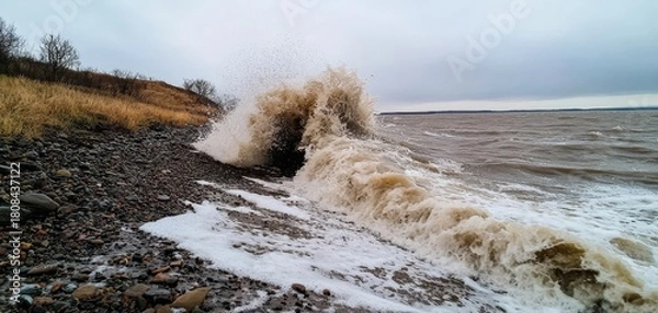 Fototapeta Waves crashing on a rocky shoreline under a cloudy sky with dry grass on the left side.