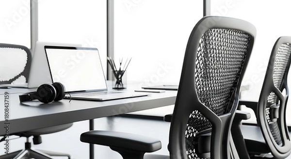 Fototapeta Workplace Technology and Remote Work Setup in a Minimalist Office