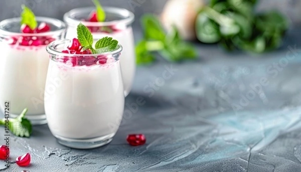 Fototapeta Creamy yogurt topped with pomegranate seeds and fresh mint leaves in clear glasses on a textured surface.