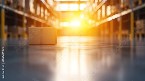 Fototapeta A single cardboard box sits on a polished warehouse floor, illuminated by warm sunlight filtering through rows of shelves filled with goods.