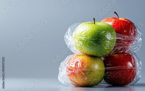 Fototapeta Four apples (two red, one green, one yellow) are stacked and wrapped in clear plastic wrap against a gray background.