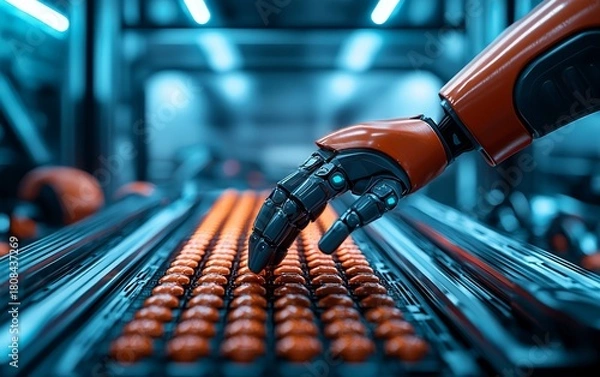 Fototapeta A robotic hand inspects or sorts rows of small orange objects on a conveyor belt in a futuristic industrial setting.