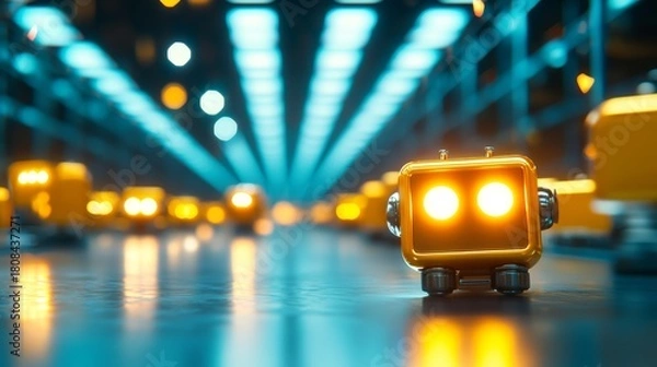 Fototapeta A small robot with glowing eyes stands on a reflective surface in a futuristic, brightly lit corridor with a blurred background.