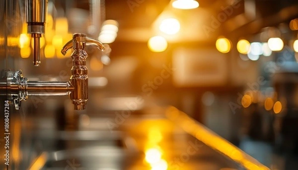 Fototapeta A close-up of a polished beer tap in a warm, softly lit bar setting with blurred lights and reflections in the background.