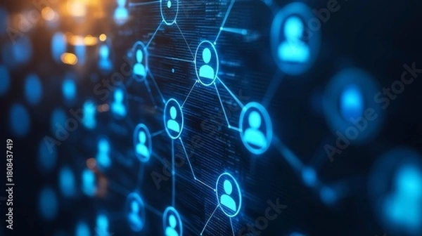 Fototapeta A digital network visualization showing interconnected user icons symbolizing social connections or online communication.