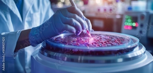 Fototapeta Scientist in gloves uses a pipette to transfer liquid samples in a laboratory centrifuge with illuminated test tubes, highlighting advanced scientific research and biotechnology.