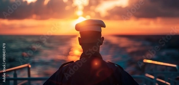Fototapeta A person in a captain's hat gazes at the sunset over the ocean, with warm light reflecting on the water.