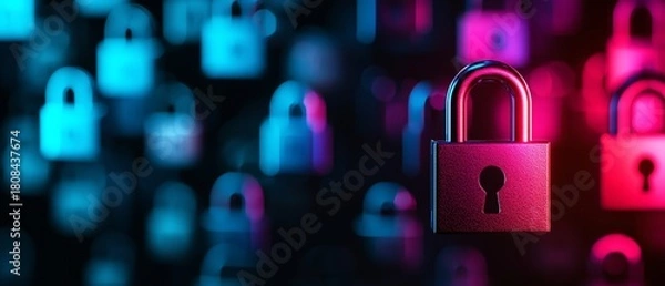 Fototapeta A vibrant close-up of a padlock symbolizing security and protection with colorful blue and pink lighting effects.