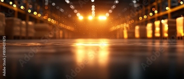 Fototapeta A warm, glowing warehouse interior with rows of stacked barrels and bright overhead lights reflecting on the shiny floor.