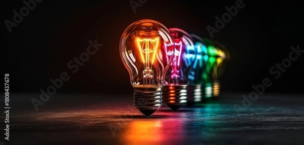 Fototapeta A row of incandescent light bulbs glowing in different colors on a dark surface, symbolizing creativity and innovation.