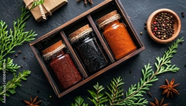 Fototapeta Three glass jars filled with different spices are placed in a wooden box surrounded by herbs and peppercorns on a dark surface.