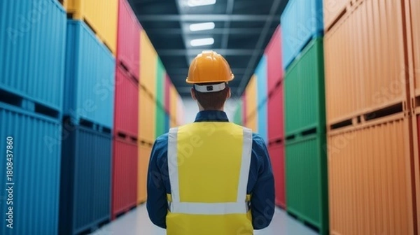 Fototapeta A worker wearing a yellow safety vest and helmet inspects colorful shipping containers stacked neatly inside a warehouse.