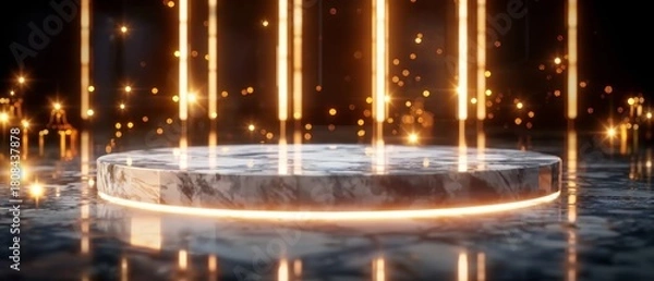 Fototapeta A futuristic, illuminated marble platform stands on a reflective surface, surrounded by vertical glowing light beams and sparkling particles.