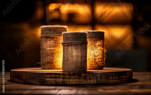 Fototapeta Three rustic burlap-wrapped candles glow warmly on a wooden tray against a dark, cozy background.