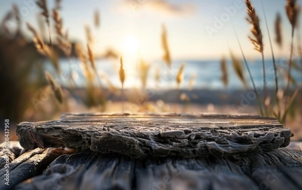 Fototapeta A close-up of weathered wooden planks with blurred beach grass and ocean waves in the background during a golden sunset.