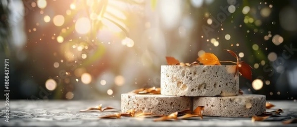 Fototapeta Round stone slabs stacked outdoors with autumn leaves scattered on and around them, illuminated by warm, soft sunlight and bokeh light effects.