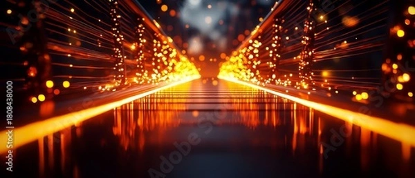 Fototapeta A vibrant, glowing pathway with golden bokeh lights reflecting on a glossy surface, creating a symmetrical and futuristic atmosphere.