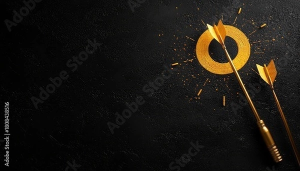Fototapeta Two golden darts hit a bright golden target on a black textured background, symbolizing precision and achievement.