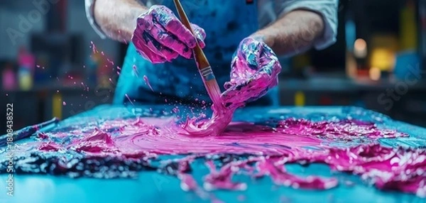 Fototapeta A close-up of a person using a brush to spread bright pink paint on a canvas, with paint-covered hands and an artistic work environment in the background.