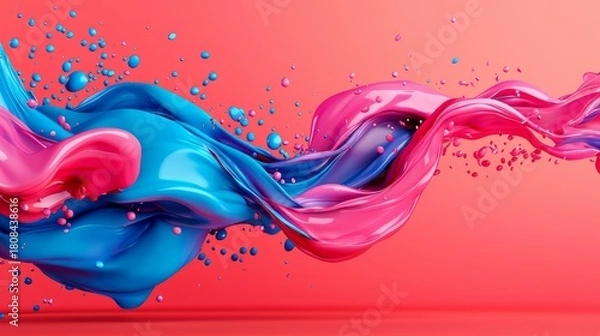 Fototapeta Vibrant blue and pink liquid paint splashes dynamically merge against a coral background, creating an abstract, fluid motion effect.