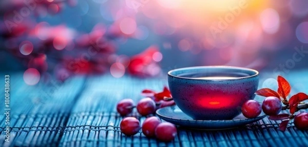 Fototapeta A serene cup of tea sits on a textured mat surrounded by fresh red berries and leaves, with a soft bokeh background glowing in warm and cool tones.