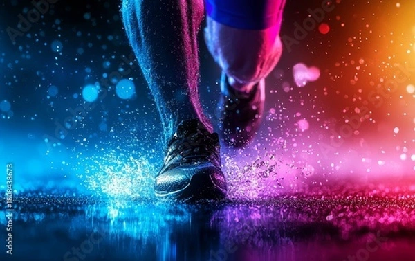 Fototapeta A close-up of a runner"s feet splashing through water on a wet surface, illuminated by vibrant blue and orange neon lights.