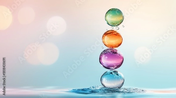 Fototapeta Four colorful water droplets stacked vertically, creating a balanced and serene composition with a soft pastel background and gentle water ripples.