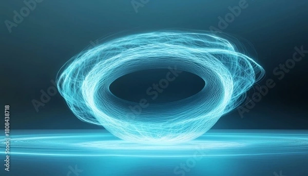 Fototapeta A glowing blue torus of swirling light trails floats above a reflective surface in a dark, futuristic setting.