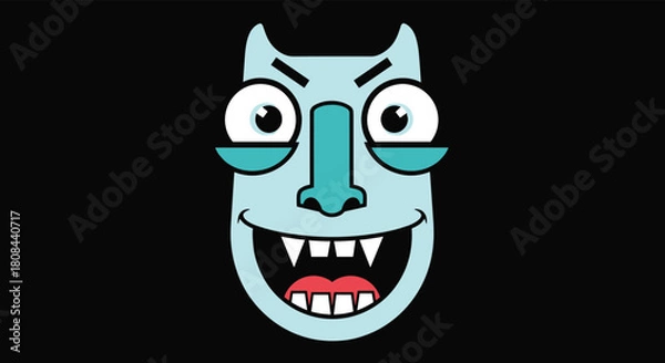 Fototapeta Light blue cartoon monster face with wide eyes, horns, sharp teeth, and a mischievous grin on a black background.