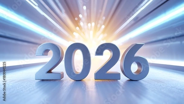 Fototapeta The year 2026 is displayed with bright light streaks in the background