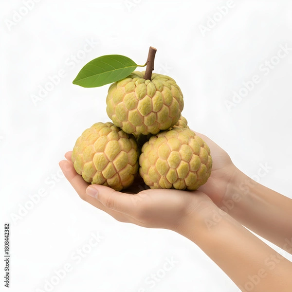 Obraz Custard Apple Fruit: Hands Presenting with Stem and Leaf