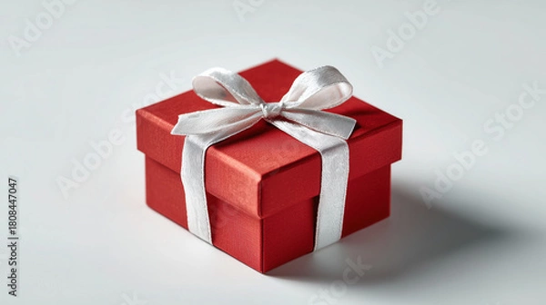 Fototapeta small red gift box with white ribbon bow is elegantly displayed on plain background, creating festive and inviting atmosphere