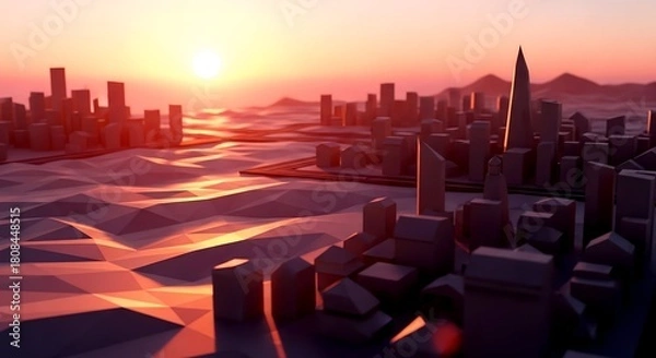 Obraz Low Poly Cityscape at Sunset: Geometric Buildings and Warm Light
