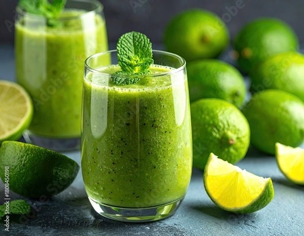 Obraz Green Smoothie Glass Adorned with Mint Surrounded by Fresh Limes on a Blue Table High Angle View Food Photography