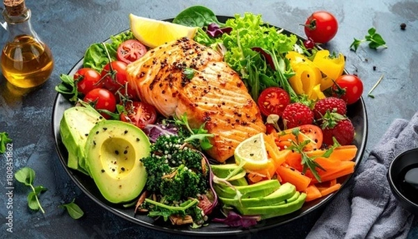 Obraz Grilled Salmon Steak on Dark Plate with Fresh Colorful Vegetables High Angle View