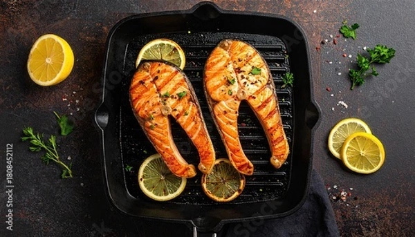 Obraz Grilled Salmon Steak with Lemon Slices in Black Cast Iron Pan on Dark Background Culinary Food Photography High Angle View